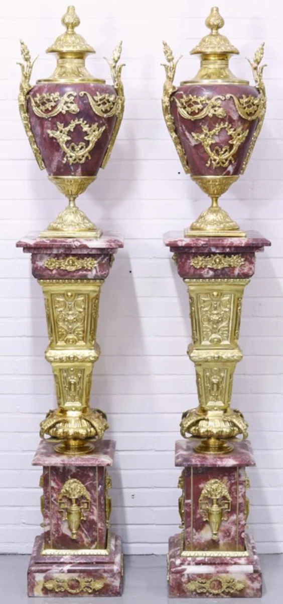 Casa Padrino baroque vases with marble pillars set red / gold 30 x 30 x H. 180 cm - Noble & Sumptuous