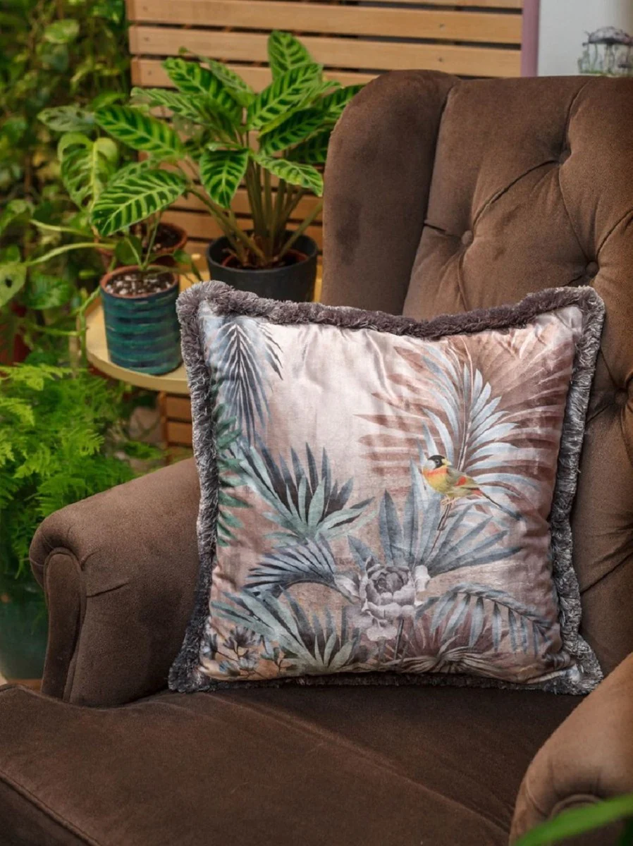 Casa Padrino almohada decorativa de lujo plantas y pájaros multicolor 45 x 45 cm - Almohada de terciopelo estampada con flecos - Colección de lujo