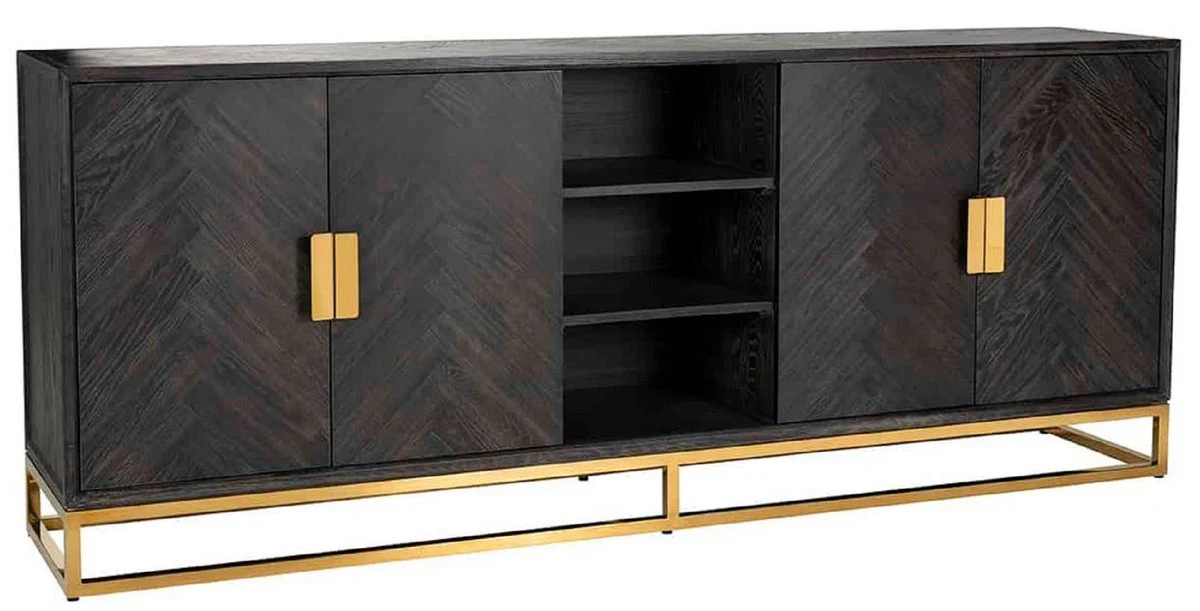 Casa Padrino aparador de lujo negro / oro 225 x 45 x A. 90 cm - Mueble de madera maciza con 4 puertas - Muebles de sal¨®n - Muebles de hotel - Colecci¨®n de Lujo