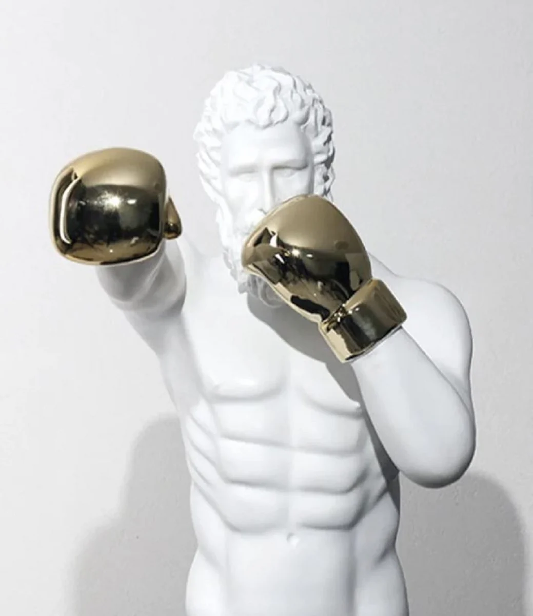 Casa Padrino escultura decorativa de diseño de lujo boxeador blanco / oro / negro 31 x 52 x A. 56 cm - Figura decorativa de resina - Accesorios decorativos de diseño de lujo - Calidad de lujo