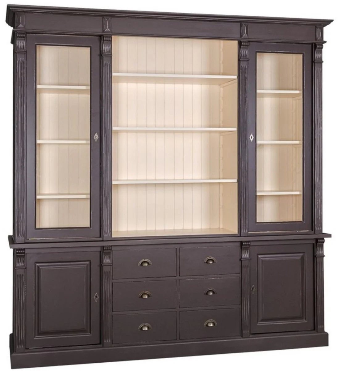 Casa Padrino gabinete de sal¨®n de estilo campestre negro antiguo / crema 223 x 51 x H. 240 cm - Gabinete de Libros con 4 Puertas y 6 Cajones - Gabinete de Madera Maciza - Muebles de Estilo Campestre