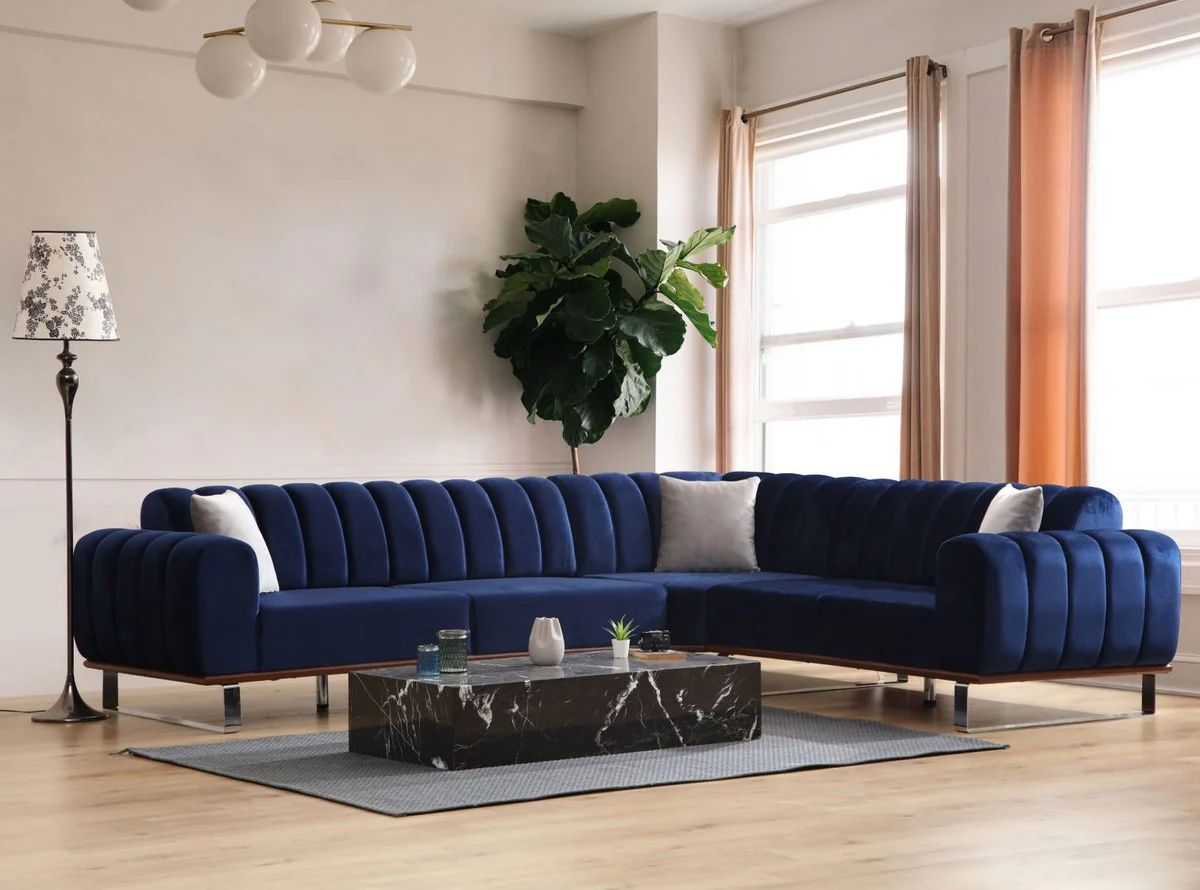 Casa Padrino sof¨¢ esquinero de lujo con respaldos ajustables azul / marr¨®n / plata 320 x 180 x A. 80 cm - Sof¨¢ de sal¨®n - Muebles de sal¨®n - Muebles de lujo