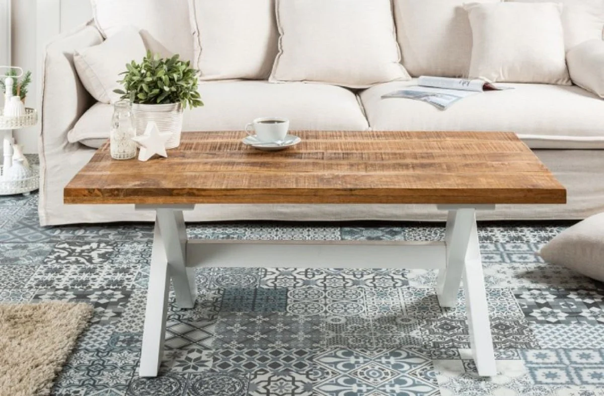 Casa Padrino mesa de centro de estilo campestre natural / blanco 110 x 60 x A. 45 cm - Mesa de sal¨®n hecha a mano de madera maciza - Muebles de sal¨®n en estilo campestre