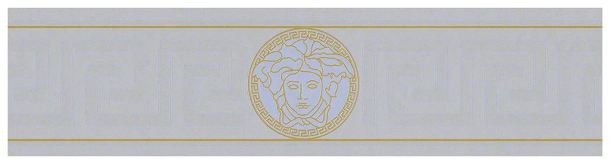 Versace Papel Pintado No Tejido Barroco Diseño Griego 935225 Plata / Oro - Borde - Papel Tapiz de Diseño - Calidad de Lujo