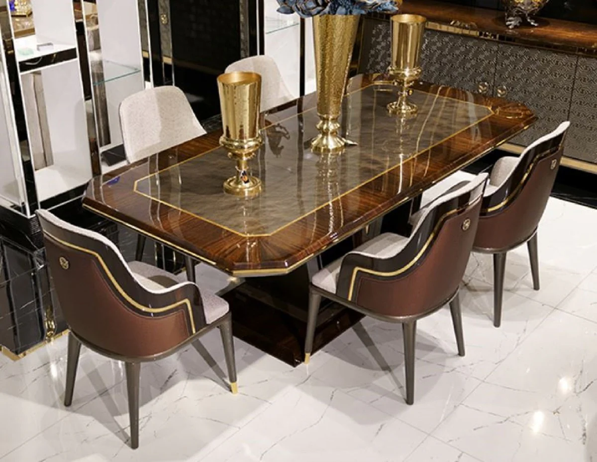 Casa Padrino Conjunto de Comedor de Lujo Gris / Marr¨®n / Oro - 1 Mesa de Comedor & 6 Sillas de Comedor - Muebles de Comedor de Lujo - Calidad de Lujo
