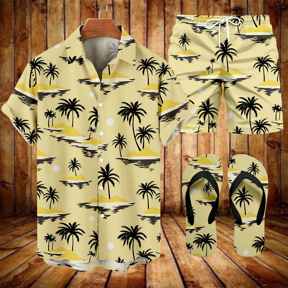 Suitmens Men's Tiki Party Hawaiian Vacation Print Three-Piece Set 017