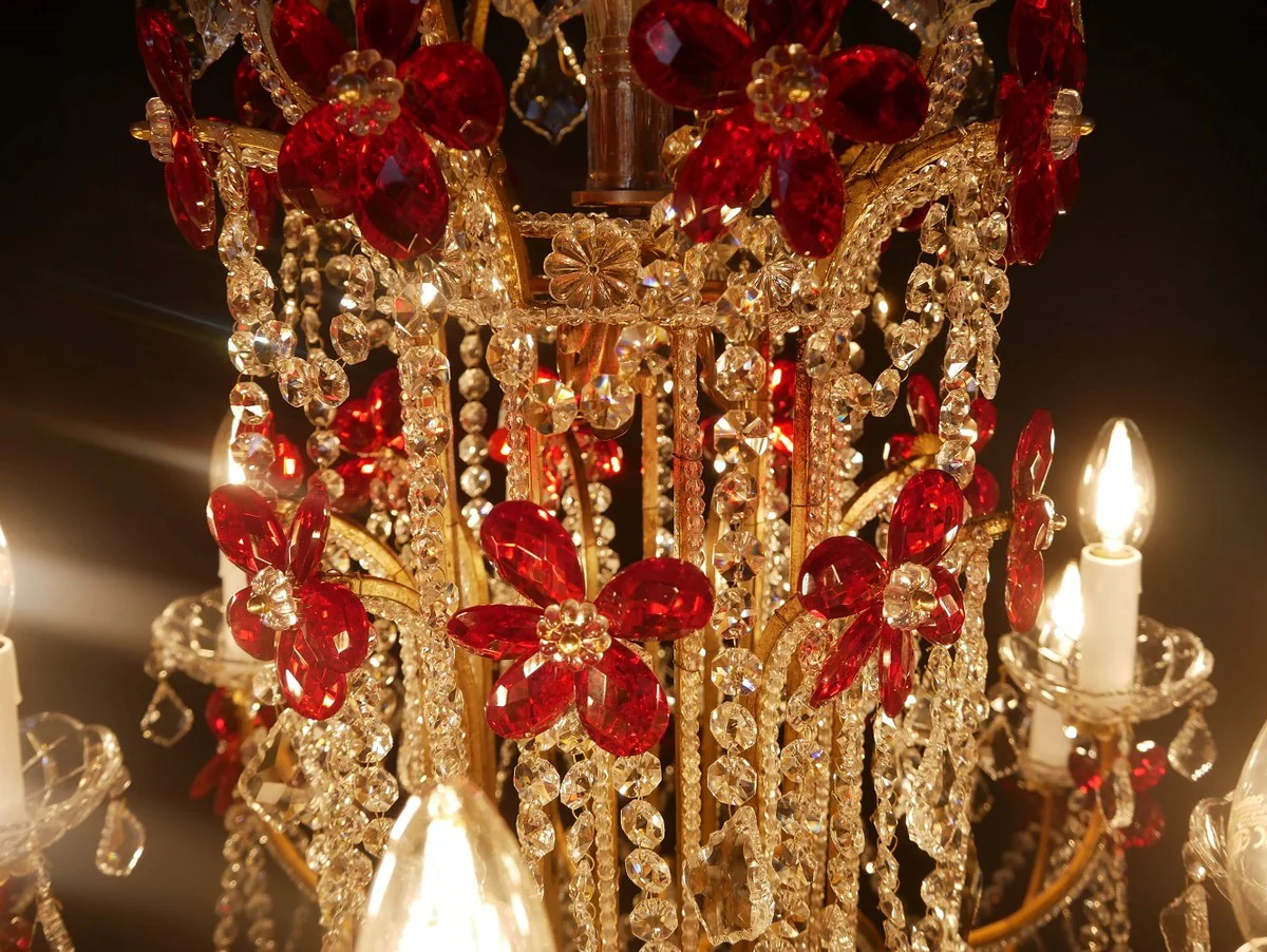 Casa Padrino araña de luces de cristal barroco de lujo rojo / oro Ø 90 x A. 100 cm - Lámpara de Araña de Hotel y Restaurante - Noble y Magnífico - Calidad de Lujo - Hecho en Italia