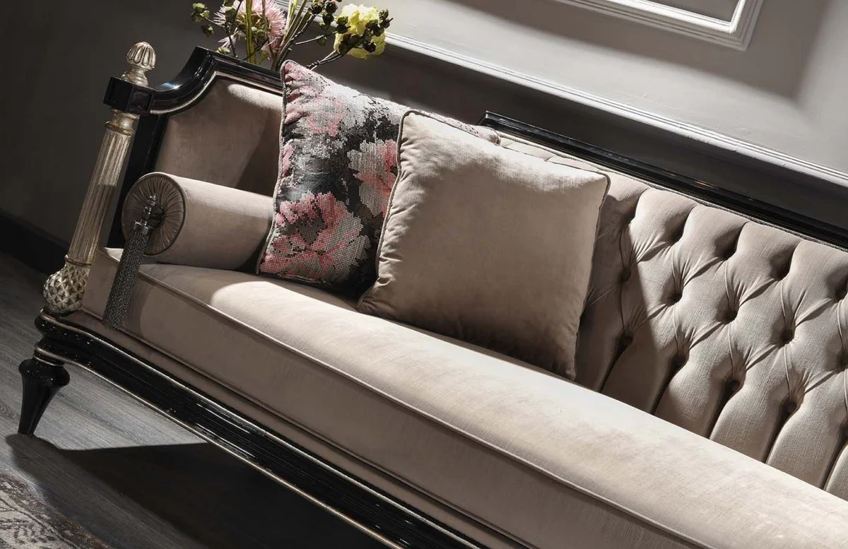 Casa Padrino sof¨¢ de terciopelo barroco de lujo beige / negro / plata / oro antiguo 250 x 95 x A. 80 cm - Magn¨ªfico Sof¨¢ de Estilo Barroco