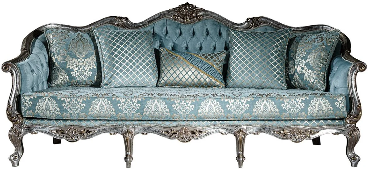 Casa Padrino sof¨¢ barroco de lujo azul claro / plata / oro 238 x 85 x A. 106 cm - Sof¨¢ de sal¨®n con patr¨®n elegante y cojines decorativos - Mobiliario de sal¨®n barroco