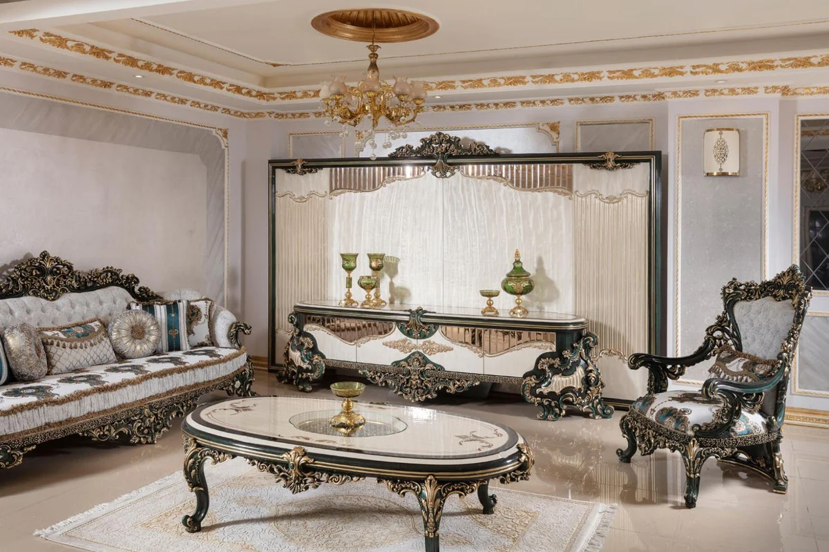 Casa Padrino armario de TV barroco de lujo crema / blanco / verde / oro - Magn¨ªfico aparador de sal¨®n con pared trasera - Muebles de sal¨®n barrocos - Muebles de lujo en estilo barroco