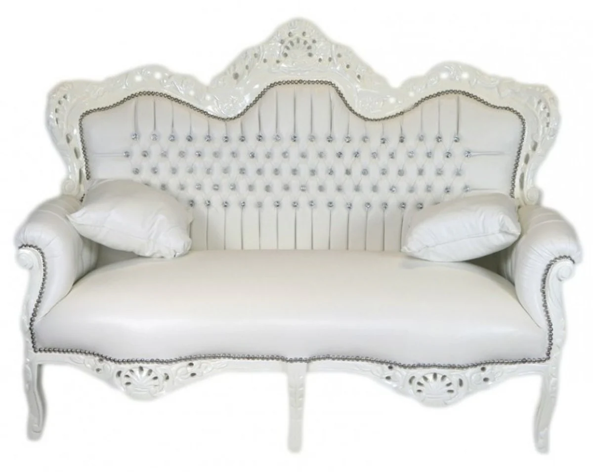 Casa Padrino Baroque Master 2 seater white leather look / white with bling bling rhinestones - living room couch furniture Lounge