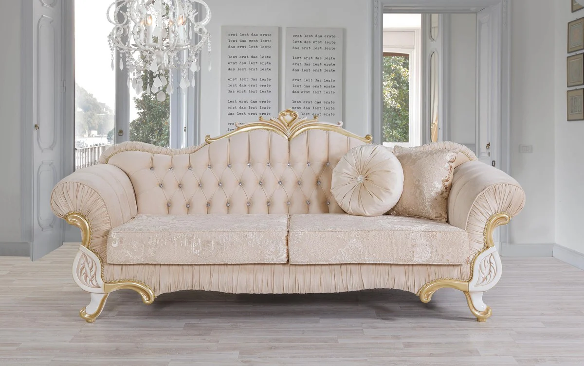 Casa Padrino conjunto de sala de estar barroco beige / blanco / oro - 2 Sof¨¢s y 2 Sillones y 1 Mesa de Centro - Muebles de sala en estilo barroco - Muebles Barrocos Nobles