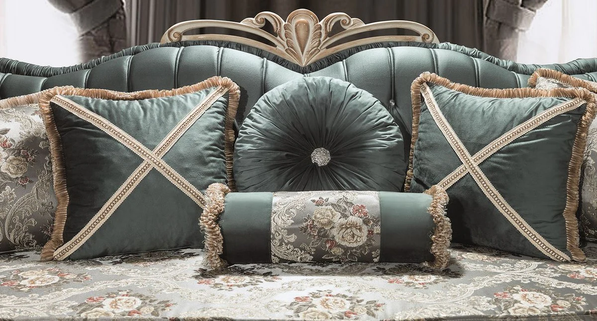 Casa Padrino sof¨¢ de sal¨®n barroco de lujo con pedrer¨ªa y almohadas decorativas verde / crema / beige 220 x 85 x A. 100 cm - Muebles de Estilo Barroco