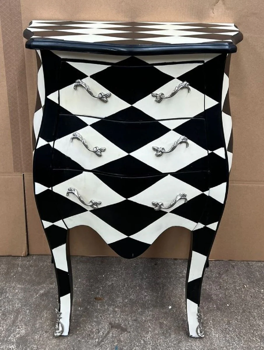 Casa Padrino cómoda barroco diseño de cuadros negro / blanco / plata - Mesita de noche de estilo barroco hecha a mano con 3 cajones - Muebles barrocos - Muebles de dormitorio en estilo barroco