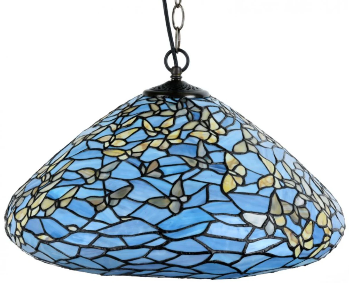 Casa Padrino Tiffany lámpara colgante mariposas azul / multicolor Ø 50 x H. 135 cm - Lámpara Colgante de Numerosas Piezas de Mosaico de Vidrio
