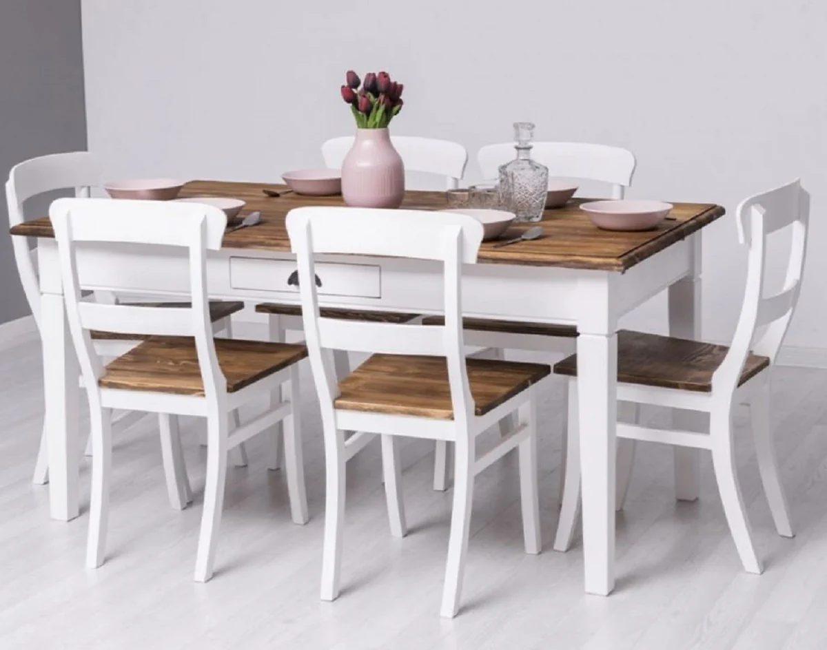 Casa Padrino conjunto de muebles de comedor de estilo campestre blanco / marr¨®n - 1 Mesa de Comedor y 6 Sillas de Comedor - Muebles de comedor de madera maciza de estilo campestre
