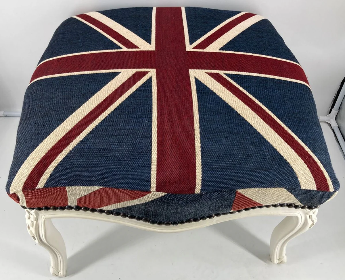 Casa Padrino taburete barroco Union Jack / blanco - Taburete XXL estilo antiguo hecho a mano con bandera inglesa - Muebles Barrocos