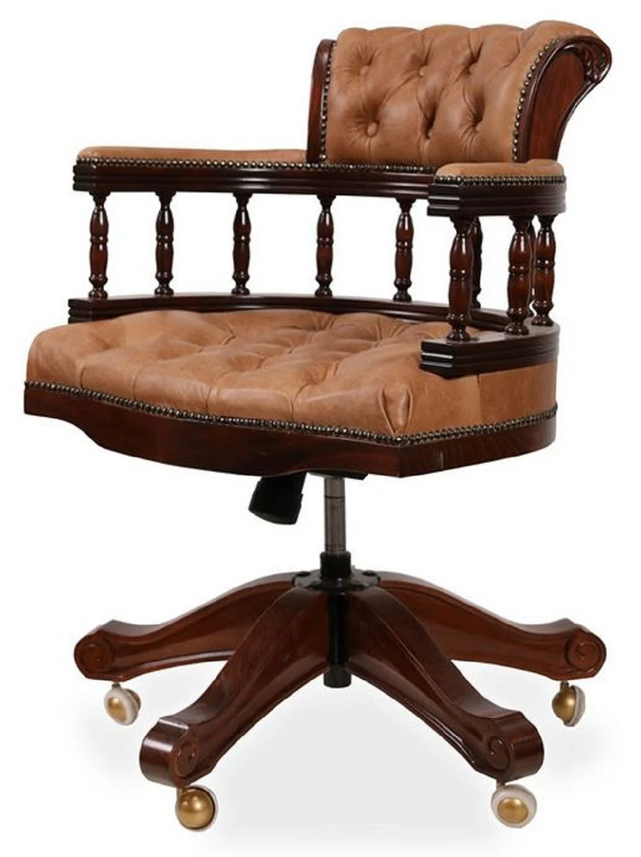 Casa Padrino silla de escritorio Chesterfield barroco de lujo de cuero marrón claro / marrón oscuro - Silla de oficina de cuero genuino ajustable en altura - Muebles de oficina - Noble y magnífico