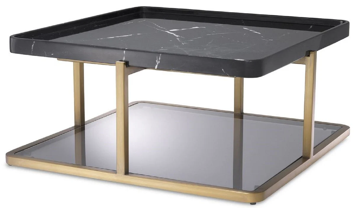 Casa Padrino mesa de centro de lujo lat¨®n / negro / gris 58 x 58 x A. 27,5 cm - Mesa de sal¨®n moderna de acero inoxidable con tapa de m¨¢rmol y vidrio tintado - Muebles de Lujo