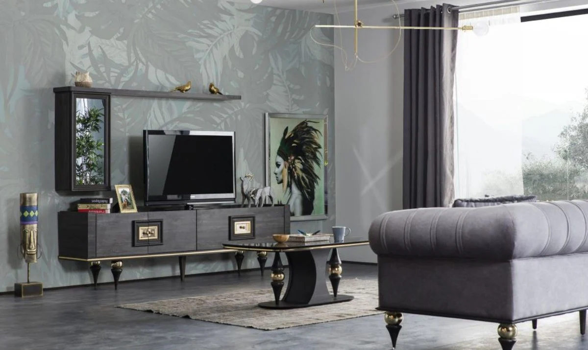 Casa Padrino gabinete TV Art Deco de lujo gris / negro / lat¨®n 226 x 44 x A. 65 cm - Noble gabinete de televisi¨®n con caj¨®n y 2 puertas - Muebles Art Deco