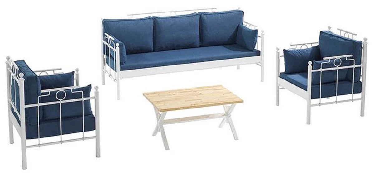 Casa Padrino Art Nouveau Conjunto de Muebles de Jard¨ªn Azul / Blanco - 1 Sof¨¢ y 2 Sillones y 1 Mesa - Muebles de Jard¨ªn y Patio en Estilo Art Nouveau