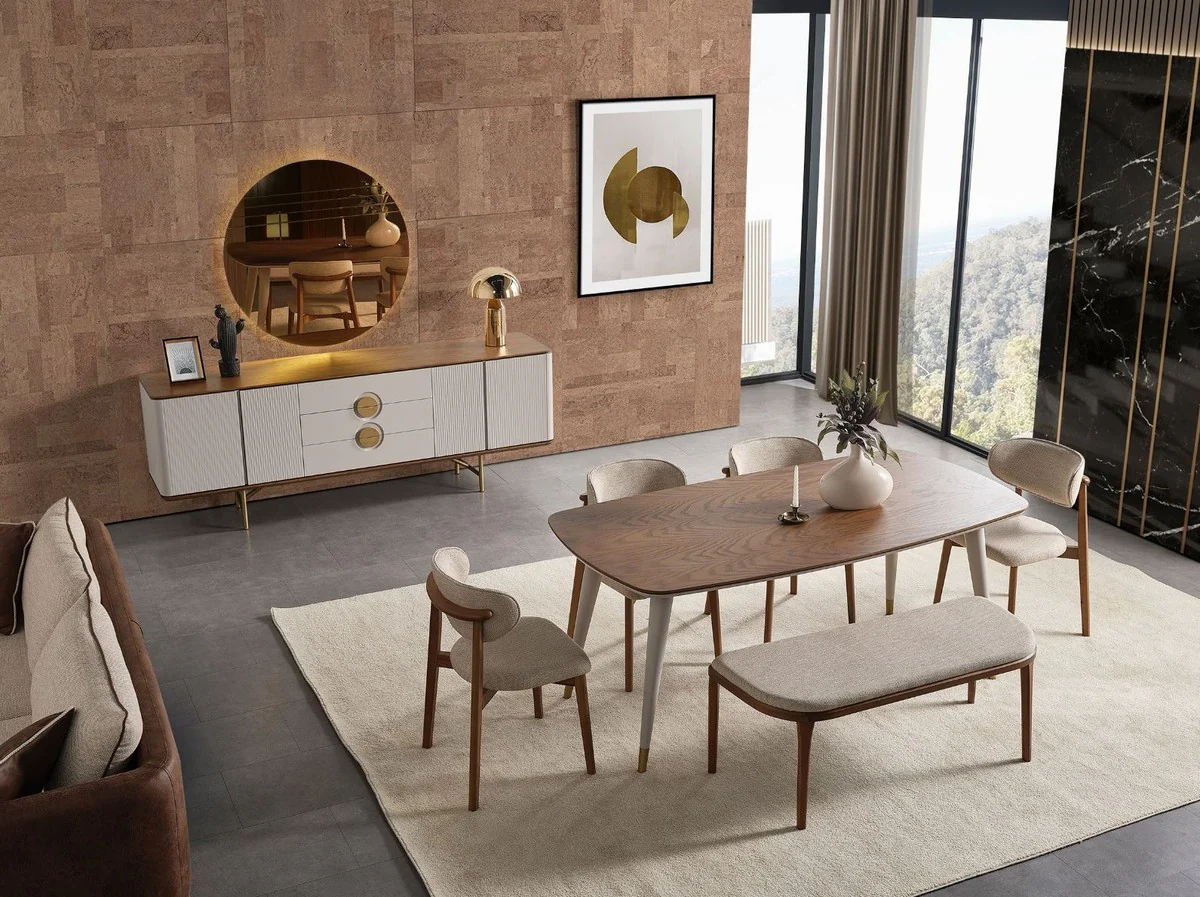 Casa Padrino aparador de lujo gris claro / marrón / latón 220 x 50 x A. 80 cm - Armario de madera maciza con 4 puertas y 3 cajones - Muebles de madera maciza - Muebles de lujo - Interiores de lujo