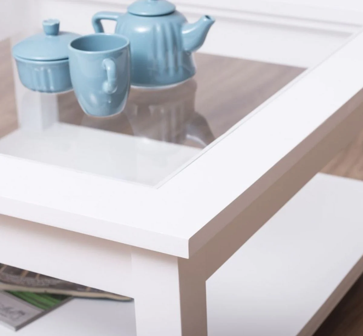 Casa Padrino mesa de centro de estilo campestre con sobre de vidrio blanco 90 x 90 x H. 45 cm - Mesa de la Sala de Madera Maciza - Muebles de Sala en Estilo Campestre