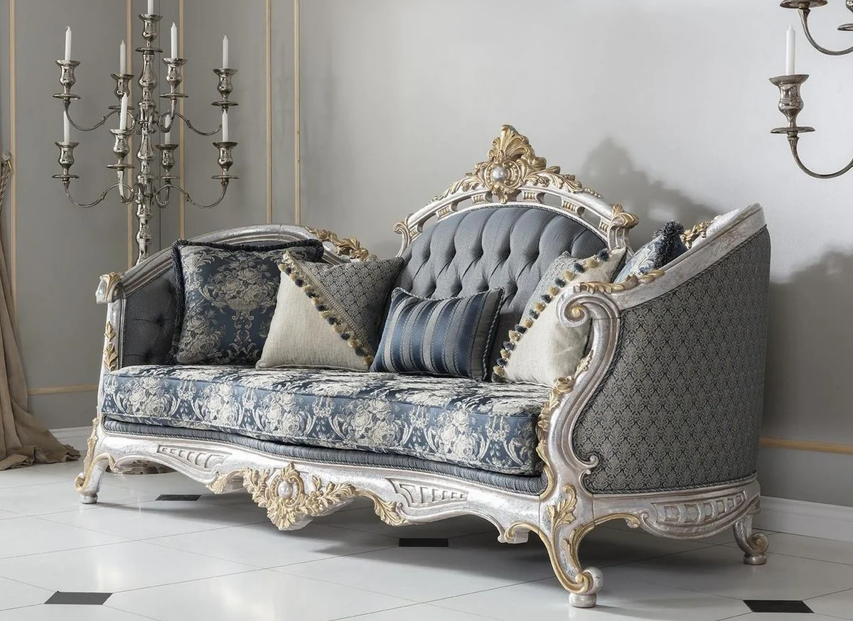 Casa Padrino sof¨¢ de sal¨®n barroco de lujo con cojines decorativos gris / azul / plata / oro 250 x 95 x A. 125 cm - Noble & Magn¨ªfico