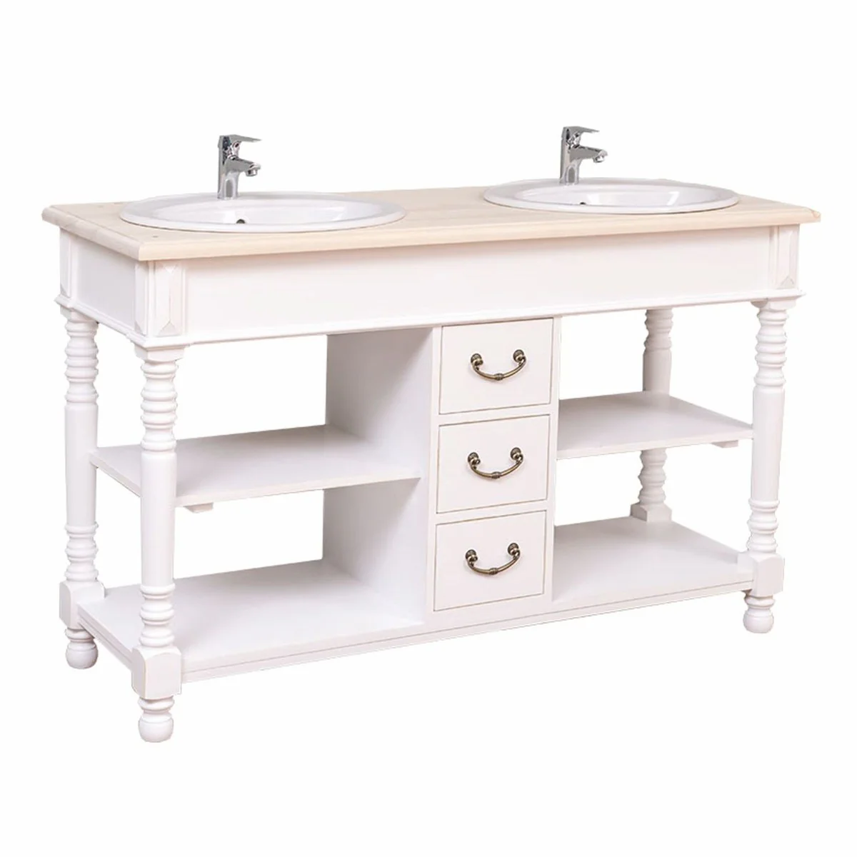 Casa Padrino armario de lavabo doble de estilo campestre con 2 lavabos blanco / natural 150 cm