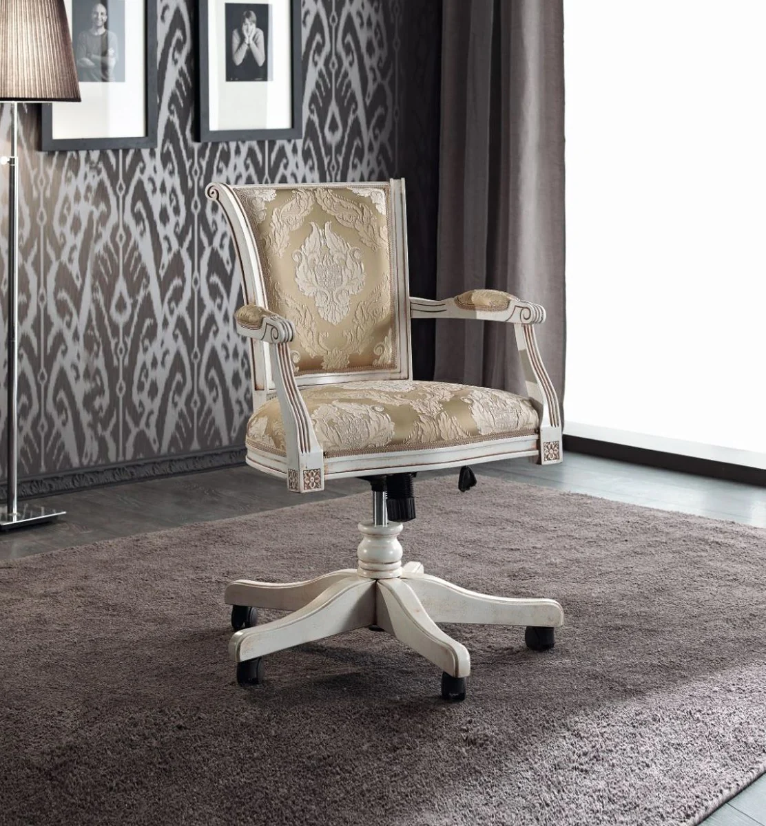 Casa Padrino silla de oficina barroca de lujo oro / blanco 58 x 48 x A. 89-99 cm - Silla de escritorio con patr¨®n elegante - Muebles de oficina barrocos - Calidad de Lujo - Hecho en Italia