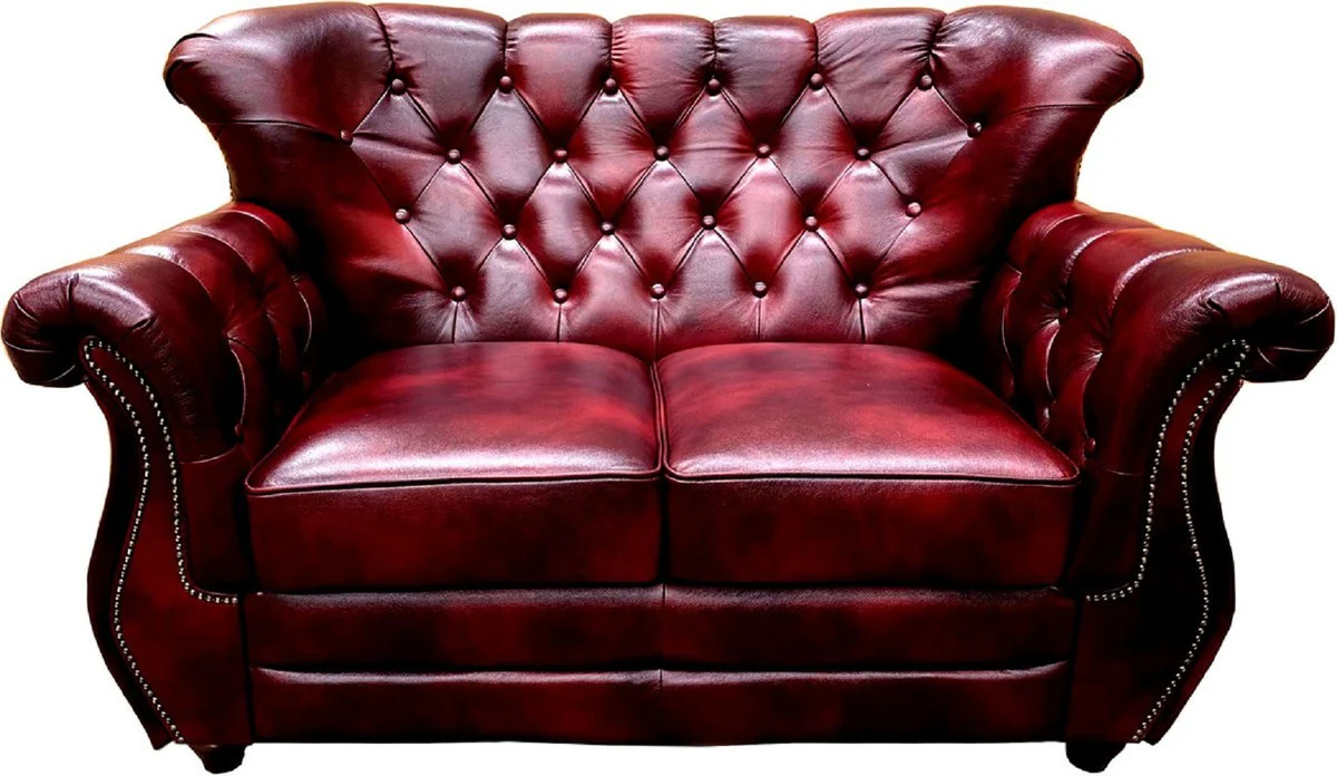 Casa Padrino conjunto de sal¨®n de cuero real Chesterfield de lujo rojo burdeos / marr¨®n / plata - 2 Sof¨¢s de Cuero y 2 Sillones de Cuero - Muebles de Sal¨®n - Muebles Chesterfield