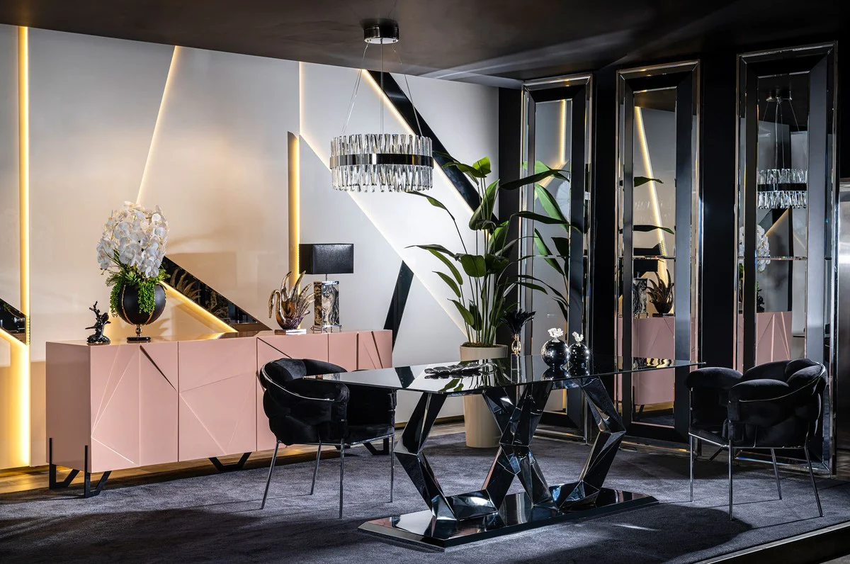 Casa Padrino Conjunto de Muebles de Comedor de Dise?o de Lujo Negro / Plata - 1 Mesa de Comedor de Vidrio de Lujo y 6 Sillas de Comedor de Lujo - Muebles de Comedor - Muebles de Lujo