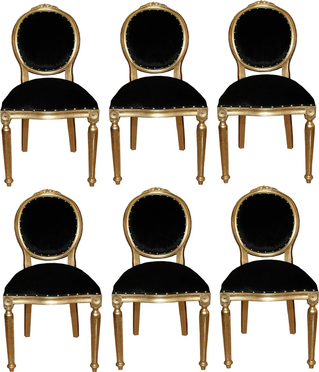 Casa Padrino Conjunto de Sillas de Comedor Barroco de Lujo Medall¨®n Negro / Oro 50 x 52 x H. 99 cm - 6 Sillas de Comedor Hechas a Mano - Muebles de Comedor Barrocos