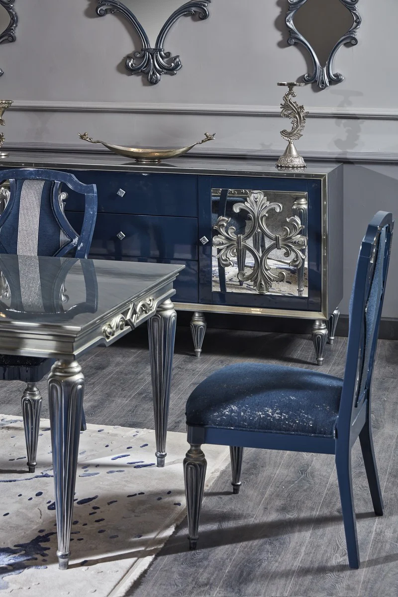 Casa Padrino conjunto de comedor barroco de lujo azul / plata - Mesa de Comedor y 6 Sillas de Comedor - Muebles de Comedor Barrocos