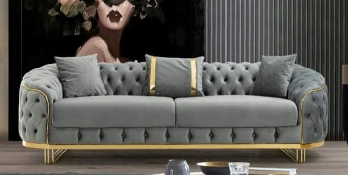 Casa Padrino sof¨¢ Chesterfield de lujo gris / oro 240 x 95 x A. 72 cm - Sof¨¢ de sal¨®n moderno - Muebles de Sal¨®n Chesterfield