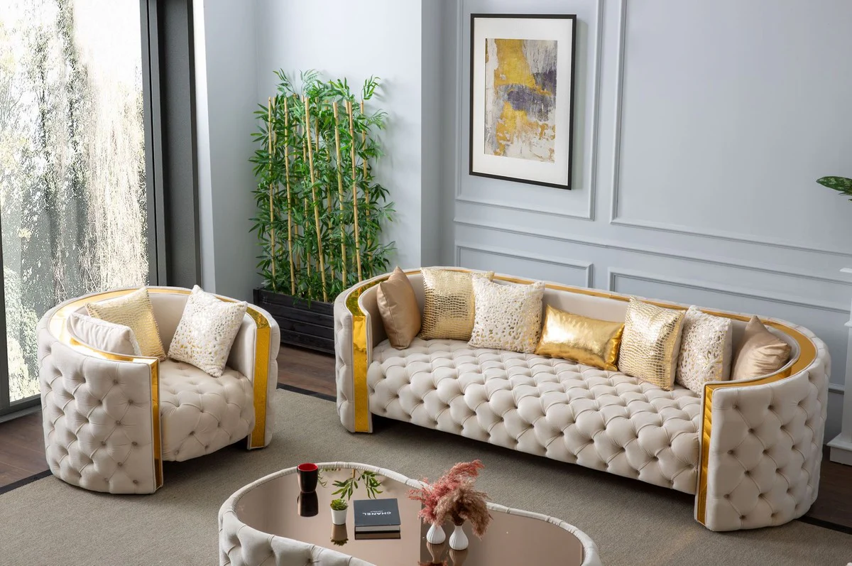 Casa Padrino sill¨®n Chesterfield de lujo crema / oro 120 x 100 x A. 75 cm - Sill¨®n de sal¨®n Chesterfield - Muebles de sal¨®n - Muebles Chesterfield - Muebles de lujo - Interiores de lujo