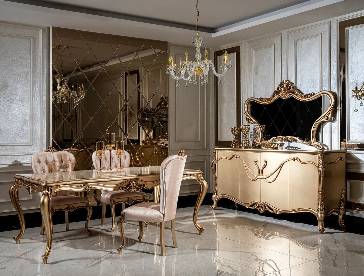 Casa Padrino conjunto de comedor barroco de lujo blanco / rosa / oro - 1 Mesa de Comedor y 6 Sillas de Comedor - Muebles de comedor de estilo barroco nobles