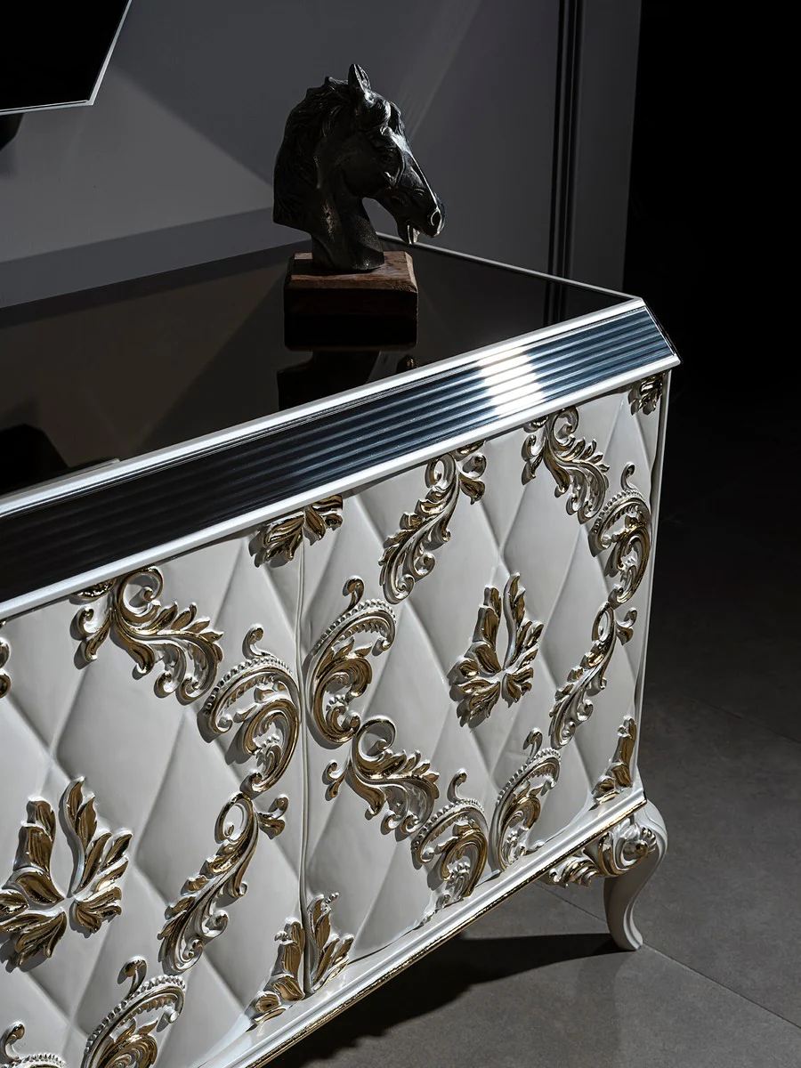 Casa Padrino conjunto de muebles barrocos de lujo aparador con espejo blanco / oro / negro - Noble mueble de madera maciza con elegante espejo de pared - Muebles barroco