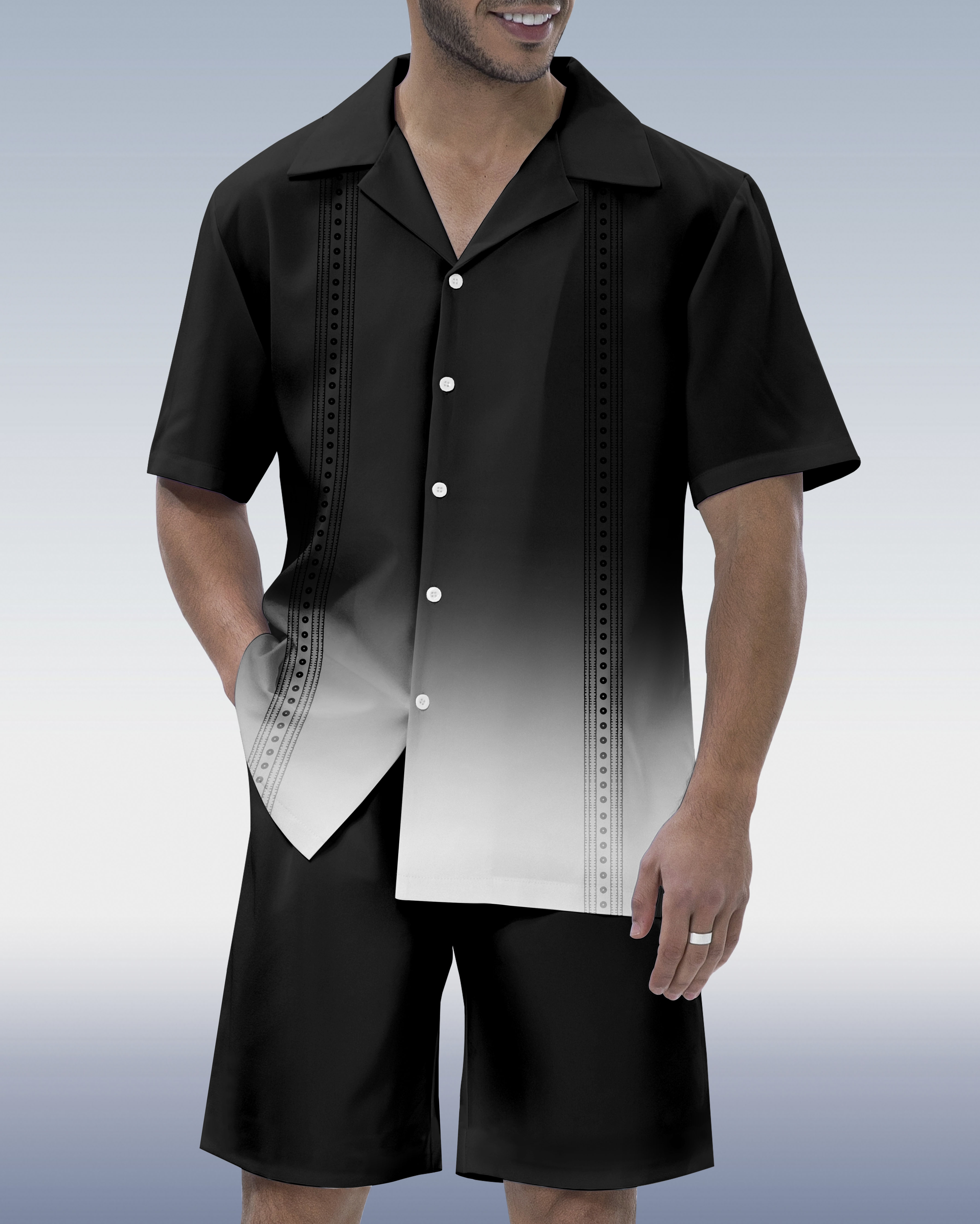 Men's Gradient Race Stripe Print Hawaiian Cuban Collar Short Sleeve Shirt Set