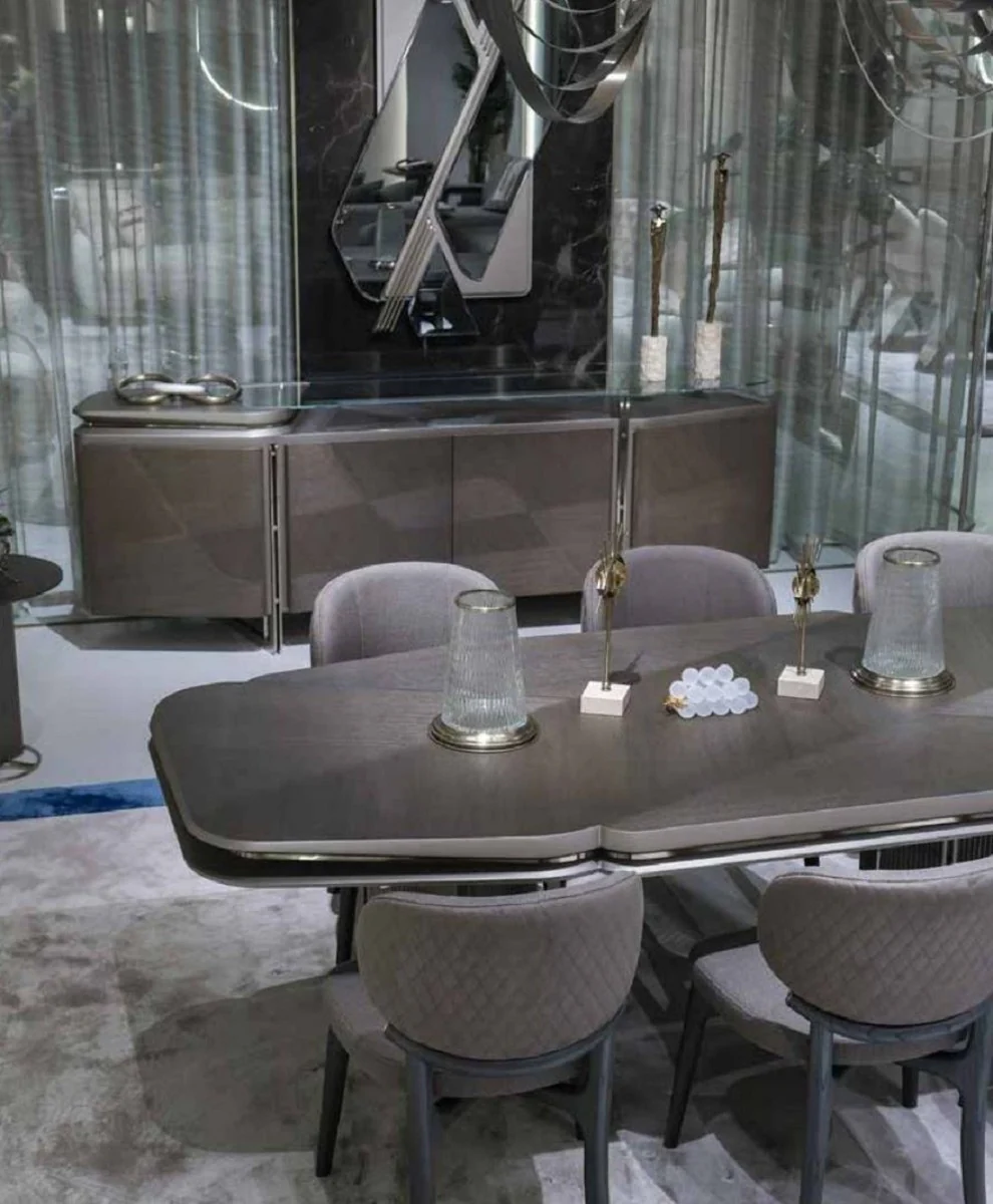 Casa Padrino aparador de lujo gris / plata 250 x 50 x A. 86 cm - Armario de madera maciza con 4 puertas y tapa de vidrio - Muebles de lujo - Muebles de hotel - Interiores de lujo