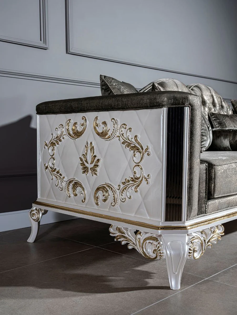 Casa Padrino sof¨¢ barroco de lujo verde / blanco / oro 255 x 92 x A. 91 cm - Magn¨ªfica sof¨¢ de sal¨®n con cojines decorativos - Noble y Magn¨ªfica