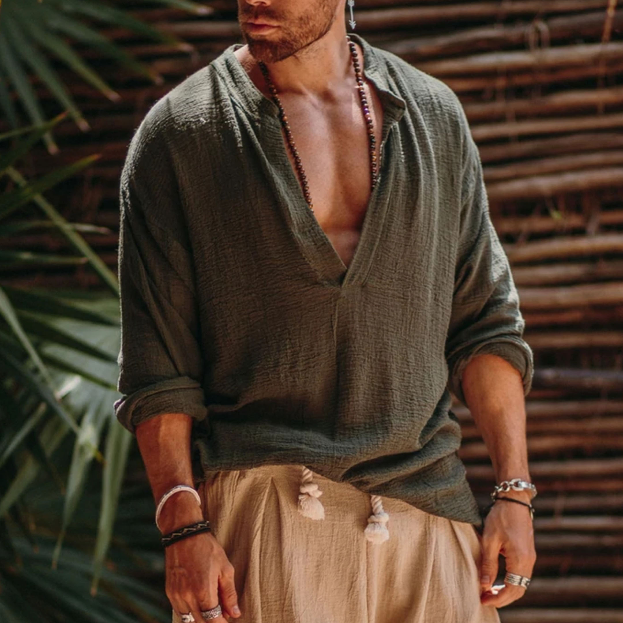 Mens Linen Minimalist Holiday Plain Shirt