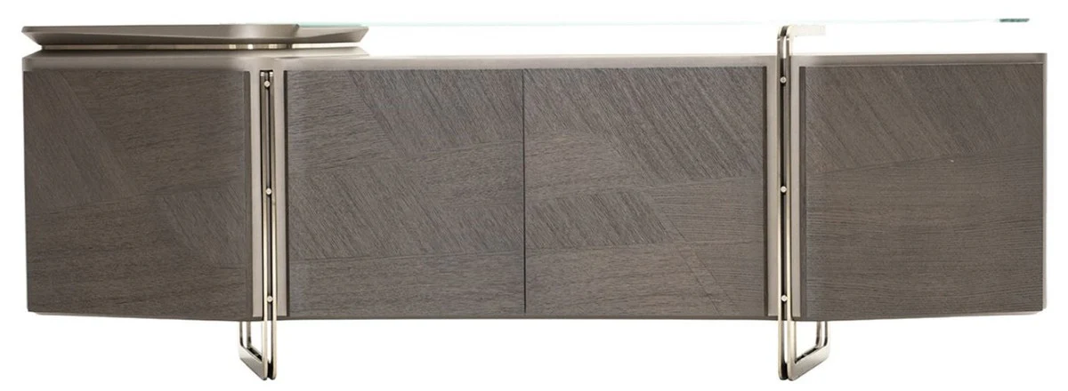 Casa Padrino aparador de lujo gris / plata 250 x 50 x A. 86 cm - Armario de madera maciza con 4 puertas y tapa de vidrio - Muebles de lujo - Muebles de hotel - Interiores de lujo