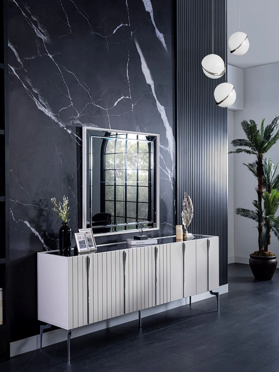 Casa Padrino aparador Art Decó de lujo blanco / negro / plata 208 x 44 x A. 84 cm - Armario noble con 5 puertas - Muebles Art Deco