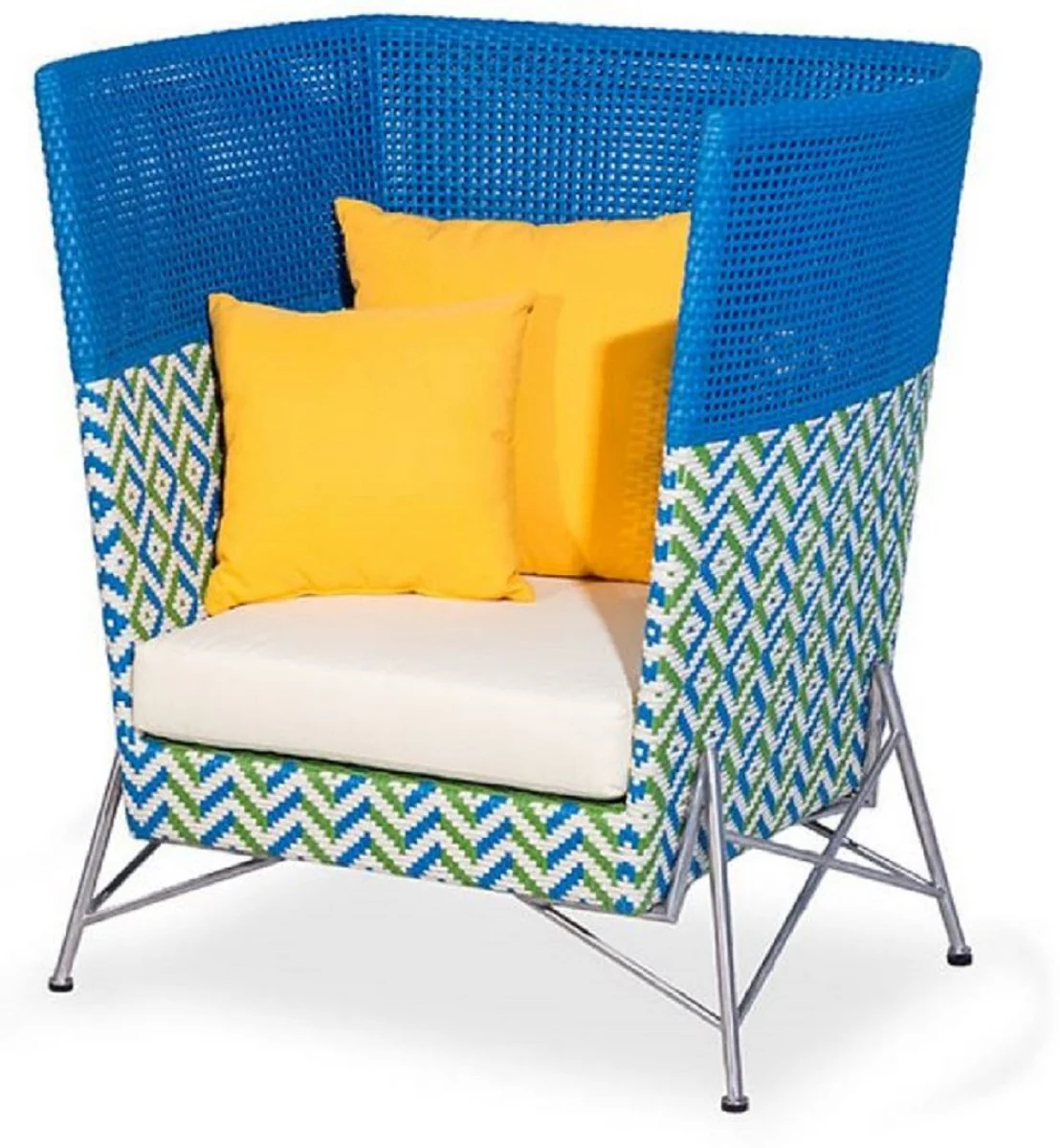 Casa Padrino sillón de jardín de lujo azul / verde / blanco / plata 98 x 85 x A. 104 cm - Sillón de respaldo alto resistente a la intemperie tejido a mano - Muebles de Jardín y Terraza