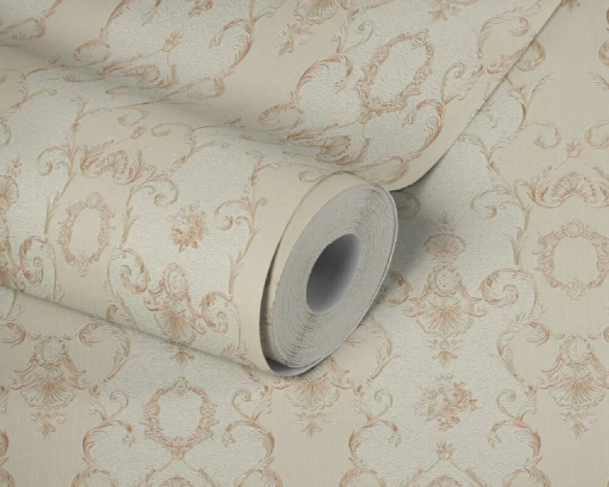 Casa Padrino papel pintado barroco no tejido beige / crema / cobre - Papel pintado para salón de estilo barroco con patrón elegante - Accesorios de decoración barroco