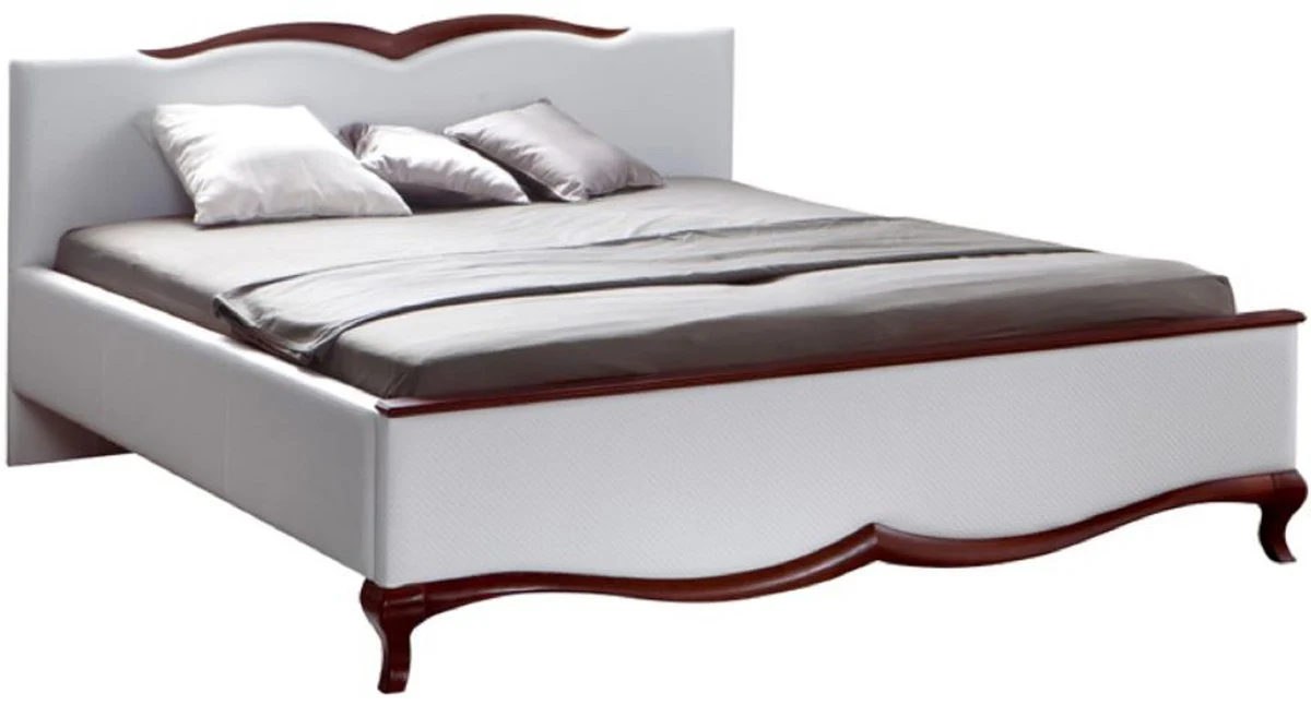 Casa Padrino cama doble Art Nouveau de lujo blanco / marr¨®n oscuro 170,6 x 213,3 x A. 97,5 cm - Elegante cama de madera maciza - Muebles de Dormitorio de Estilo Barroco y Art Nouveau