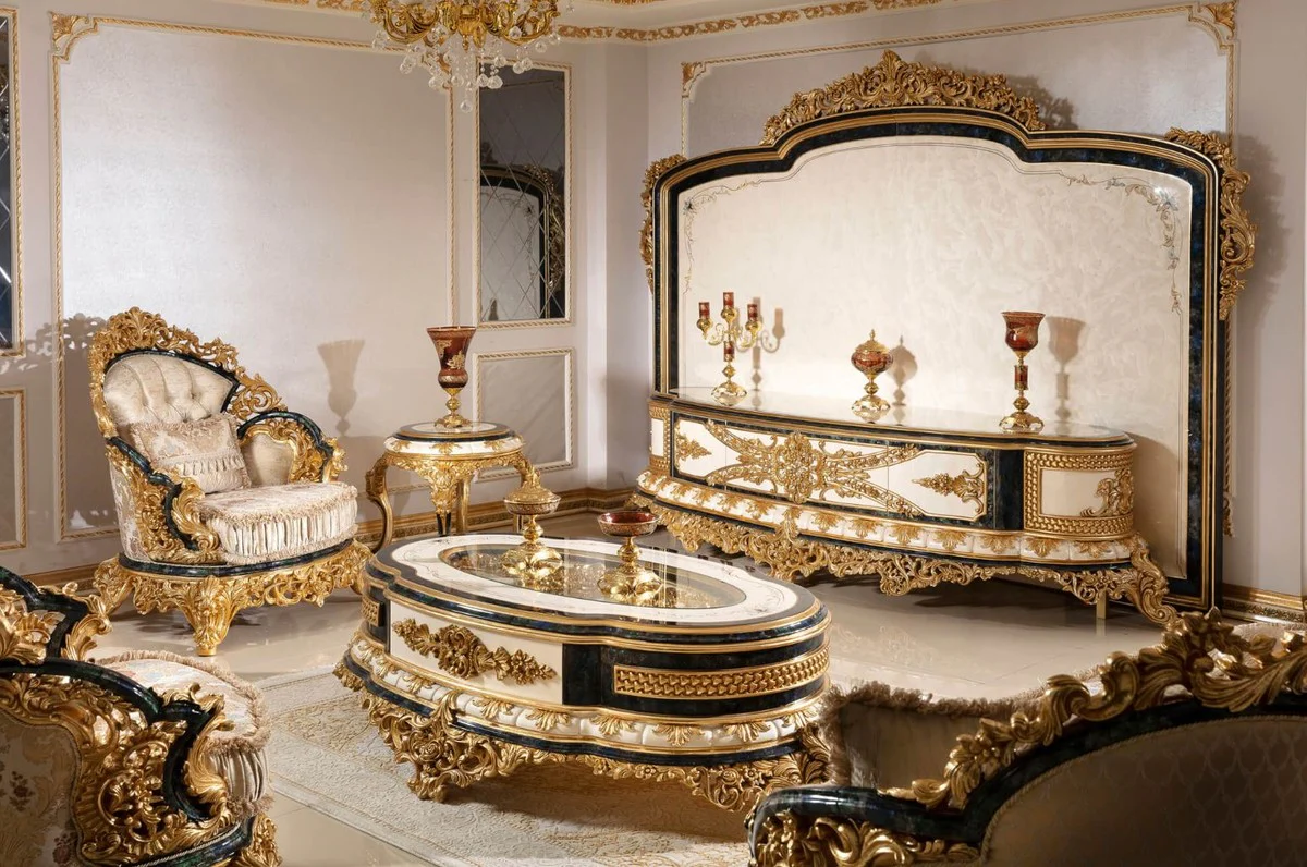 Casa Padrino armario de TV barroco de lujo blanco / azul / oro - Magn¨ªfico aparador de sal¨®n con pared trasera - Muebles de sal¨®n barrocos - Noble y Magn¨ªfico