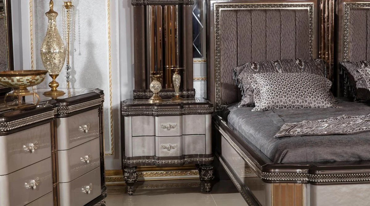 Casa Padrino conjunto de dormitorio barroco de lujo gris / marrón oscuro / oro - 1 Cama Doble Barroco con Cabecero y 2 Mesitas de Noche Barrocos - Muebles de dormitorio de lujo estilo barroco