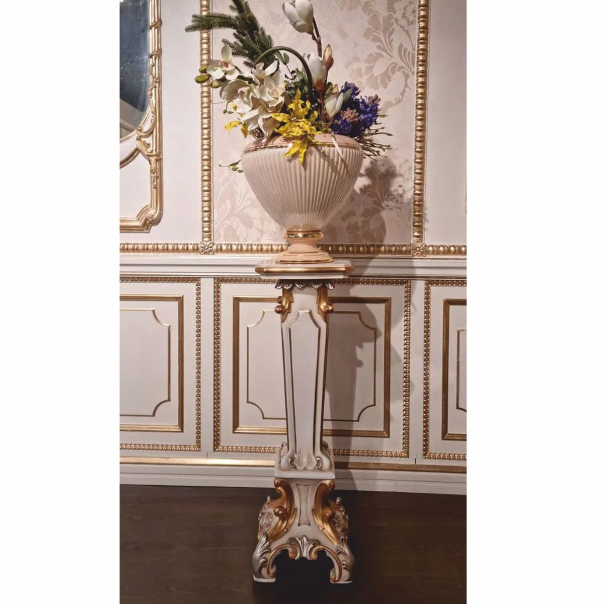 Casa Padrino Columna Barroco de Lujo Blanco / Oro / Plata A. 87 cm - Muebles Barrocos - Hecho en Italia